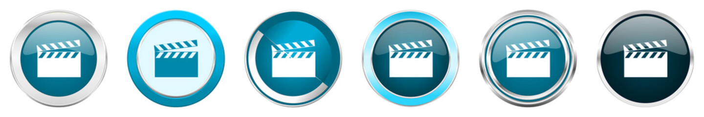 Poster - Video silver metallic chrome border icons in 6 options, set of web blue round buttons isolated on white background
