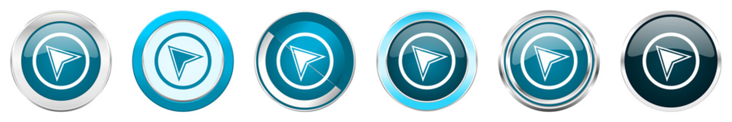 Aufkleber - Navigation silver metallic chrome border icons in 6 options, set of web blue round buttons isolated on white background