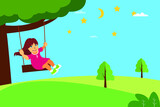 Fototapeta Psy - Child vector concept: girl swinging below the tree in the middle of green hills