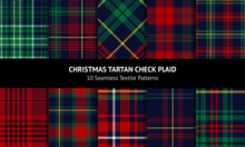 Christmas Pattern Set In Green, Red, Yellow, Blue. Seamless Multicolored Tartan Check Plaid For Flannel Shirt, Skirt, Blanket, Duvet Cover, Tablecloth, Or Other New Year Textile Print.