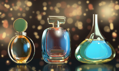 3d illustration of perfume bottles close up with reflections on black background