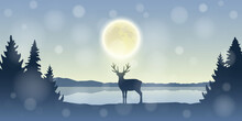 Lonely Reindeer In Snowy Winter Forest At Full Moon By The Lake Vector Illustration EPS10