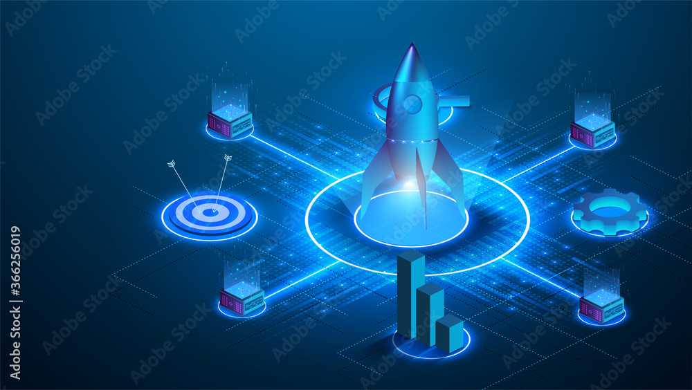 Business start up isometric concept vector illustration.The rocket ...