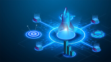 Aufkleber - Business start up isometric concept vector illustration.The rocket takes off over a neon circle of light. Gear, graph, search, goal, target on futuristic blue background. Business startup technologies