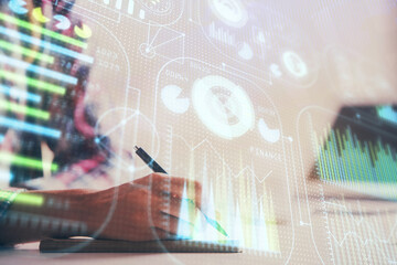 Aufkleber - Double exposure of woman's writing hand on background with data technology hud. Big data concept.