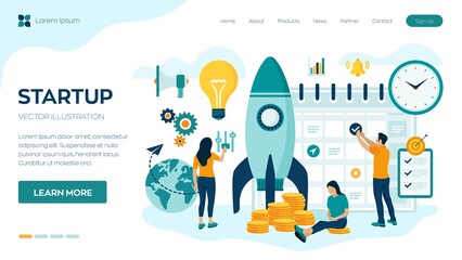 Startup business project launch. Idea through planning and strategy, time management, realization. Teamwork in the startup. Start up concept with spaceship. Flat vector illustration with characters.