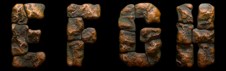 Set of rocky letters E, F, G, H. Font of stone on black background. 3d