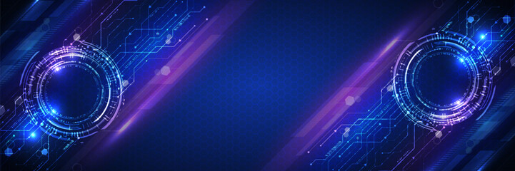 Abstract global sci fi concept. Wide Hi-tech vector illustration with various technology elements. Cyber security internet and networking concept. Digital internet communication on blue background.