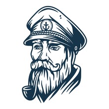 Bearded Ship Sailor With Captain Cap And A Pipe