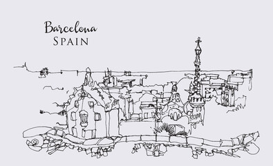 Canvas Print - Drawing sketch illustration of Park Guell in Barcelona