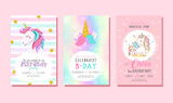 Cute unicorn birthday party invitation card. Vector