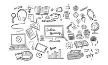 Online Education Hand Drawn Icons Set. Distance Learning Doodles. Vector Illustration.