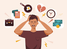 Flat Vector Illustration Of A Man With Open Mouth, Clutches At Head With Both Hands. He Suffers From Headache, Panic, Fright, Depression. Stress, Irritation Factors, Housekeeping, Overwork, Badmood