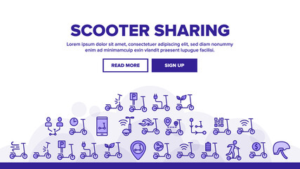 Wall Mural - Scooter Sharing Rent Service Landing Web Page Header Banner Template Vector. Scooter Sharing Phone Application, Charger Electronic Transport, Barcode And Gps Mark llustrations