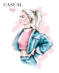 Wall Mural - Hand drawn beautiful young woman in jeans jacket . Fashion blonde hair woman with ponytail. Fashion illustration. Stylish girl. Isolated illustration.