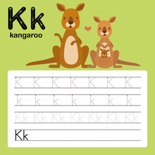 K, Kangaroo, Alphabet Tracing Worksheet For Preschool And Kindergarten To Improve Basic Writing Skills, Vector, Illustration 