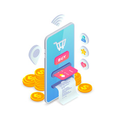 Wall Mural - Online store concept. Online shopping Isometric creative design template with smartphone integrated ATM, cart, button, credit card, receipt, icons and coin stack. E-commerce vector illustration