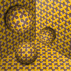 Wall Mural - Three spheres move in corner. Optical illusion abstraction of cruciform shapes pattern.