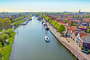 Aerial from the city Medemblik in the Netherlands at sunrise