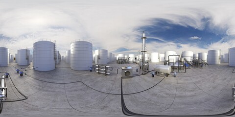 Wall Mural - spherical panorama of the oil refinery, chemical production, waste processing plant, exterior visualization, 3D illustration