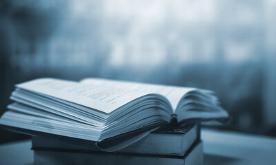 Wall Mural - Book stack in the library room and blurred bookshelf for business and education background, back to school concept