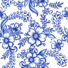  Blue floral watercolor texture pattern with flowers. 