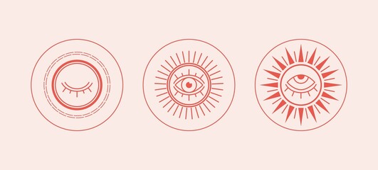 Wall Mural - Three red Abstract outline Suns or moons with Eyes. Minimalistic round Icons. Astrology esoteric mystic concept. Elegant geometric design. Trendy Vector Set. Simple design. All elements are isolated