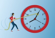 Pull Back Time. African Girl Tries To Change Time. Concept With People With Different Orgins, Vector Illustration.