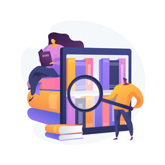 Wall Mural - Public library visitors. Scientific research, self study, educational center. People looking for books on library shelves, reading textbooks. Vector isolated concept metaphor illustration