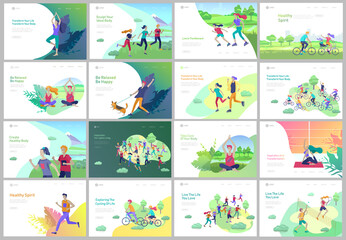 Landing page template with running man, play tennis, children riding bicycles, man doing yoga. People performing sports outdoor activities at park or Nature, healty life style. Cartoon