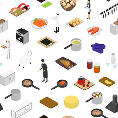 Sticker - Restaurant Cooking Concept Seamless Pattern Background 3d Isometric View. Vector