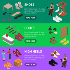 Poster - Shoe Work Shop Concept Banner Horizontal Set 3d Isometric View. Vector