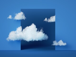 Wall Mural - 3d render, blue geometrical background with white clouds. Square portal window in the blue wall