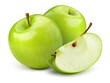 Green apple isolate. Green apples on white background. Two whole apples with slice. Clipping path.