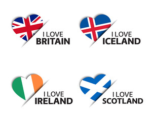 Set of four British, Icelandic, Irish and Scottish heart shaped stickers. I love Britain, Iceland, Ireland and Scotland. Made in Britain, Made in Ireland. Simple icons with flags