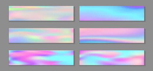 Wall Mural - Holographic cool banner horizontal fluid gradient unicorn backgrounds vector collection. Pastel 