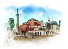 Hagia Sophia, Istanbul, Islamic Historical Mosque And Museum. Watercolor Sketch.