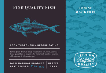  Premium Quality Horse Mackerel Abstract Vector Packaging Design or Label. Modern Typography and Hand Drawn Sketch Fish Pattern Background Seafood Layout