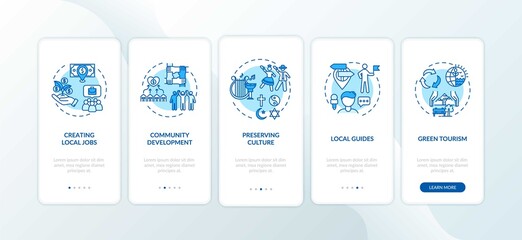 Benefits of local tourism onboarding mobile app page screen with concepts. Community development. Walkthrough 5 steps graphic instructions. UI vector template with RGB color illustrations