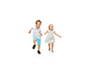 © master1305 - Happy children, little and emotional caucasian boy and girl jumping and running isolated on white background. Look happy, cheerful, sincere. Copyspace for ad. Childhood, education, happiness concept.