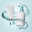 © wacomka - 3d render white cosmetic bottles inside water splash levitate, isolated objects, dispenser container for liquid soap and cream tube, beauty banner template, blank package mockup for skin care products