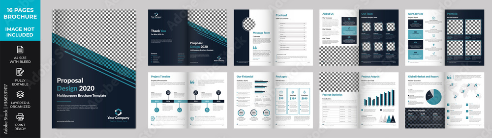 16 page Multipurpose Brochure template, simple style and modern layout, Elements of infographics for Business Proposal, presentations, Annual report, Company Profile, Corporate report, advertising tem - obrazy, fototapety, plakaty 