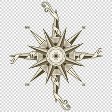 Vintage Nautical Compass. Old Vector Design Element For Marine Theme And Heraldry On Transparent Background. Hand Drawn Wind Rose