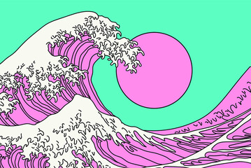 Wall Mural - Great Wave in Vaporwave Pop Art style. View on ocean's crest leap toward the sky. Stylized vector line art 
illustration of 19th century Japanese print. 