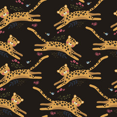 Wall Mural - Seamless vector pattern with funny leopard and birdie