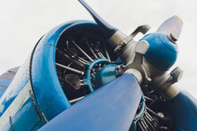 Close Up View Of A Vintage Propeller Passenger And Cargo Airplane.