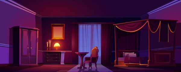 Luxury old bedroom interior at night. Empty dark room with wooden furniture and gold decoration, bed with canopy, armchair with crown decor, glow candles and lamp. Cartoon vector classic style design