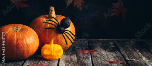 Fotografía Halloween composition pumpkin, spider and maple leaves on a dark wooden rustic table, banner