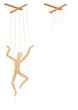 Puppet on strings. Marionette control bar with intact and broken strings. Torn cords as a symbol for freedom, independence, autonomy, liberty, detachment, release or escape. Isolated vector on white.
