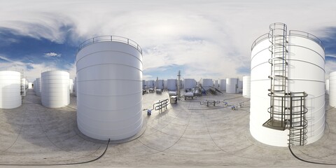 Wall Mural - spherical panorama of the oil refinery, chemical production, waste processing plant, exterior visualization, 3D illustration